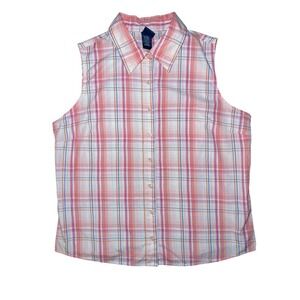 Basic Editions Plaid Button Down Women's Large Coral Orange Blue Sleeveless Top